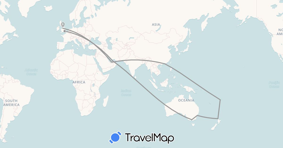 TravelMap itinerary: driving, plane in United Arab Emirates, Australia, China, Fiji, United Kingdom, New Zealand (Asia, Europe, Oceania)